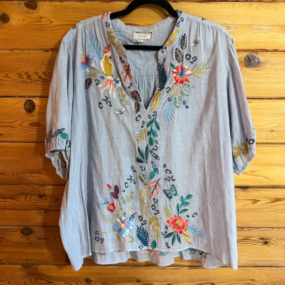 Johnny Was Embroidered Blue top XL leopard and Parrot